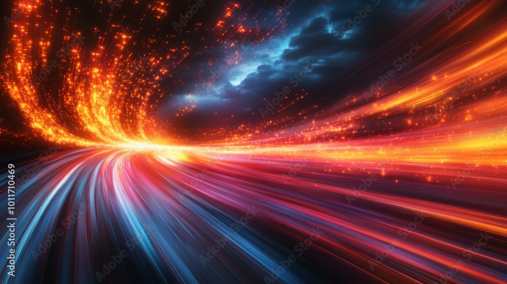 Poster vibrant digital light trails create dynamic motion in a swirling colorful display at night