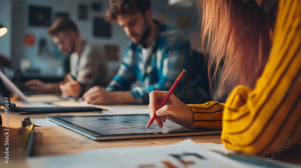 Poster woman using a stylus to draw on a tablet with two men in the background