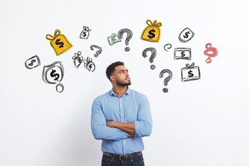 A man in a blue shirt contemplates financial decisions, surrounded by hand-drawn dollar signs and money bags, symbolizing his financial considerations and doubts.