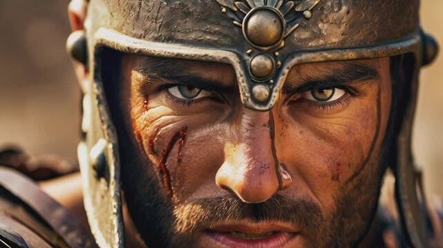 A fierce warrior glares with intense focus, his helmet and war paint reflecting a battle-hardened spirit.