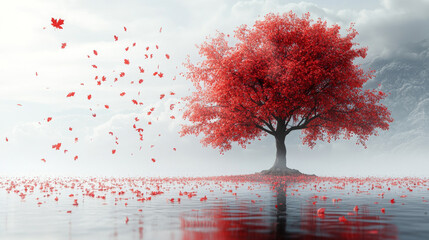 A solitary red tree stands in a misty lake, surrounded by fallen leaves.