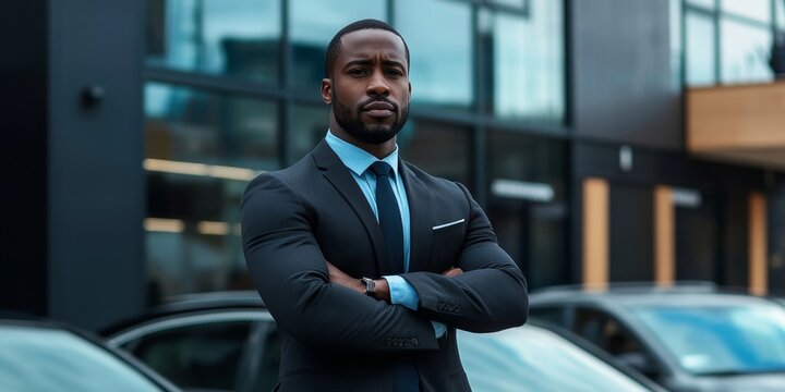 VIP Security Officer Safeguarding Luxury Car Business Client Outside Corporate, Generative AI