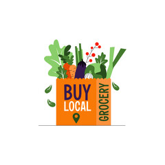 Buy Local with Shopping Bag with Vegetables Isolated on White Background. Vector Illustration of Recyclable Paper Bag with Fresh Food