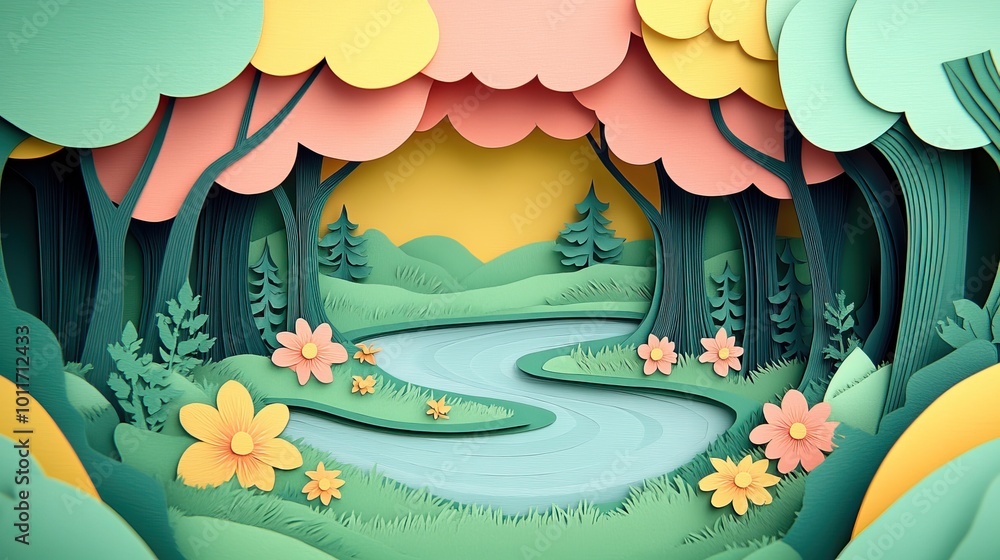Poster Springtime river with trees in a lush forest park Lush forest park with a serene river and trees in springtime