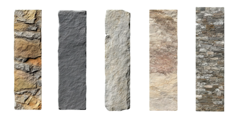 Set of vertical rectangular stone signboards, isolated on transparent cutout background