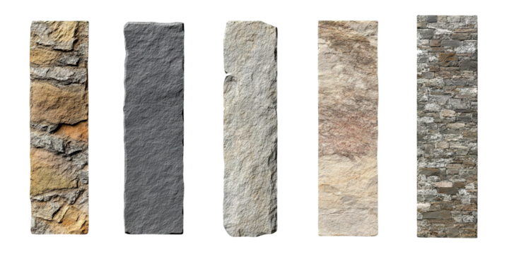 Set of vertical rectangular stone signboards, isolated on transparent cutout background