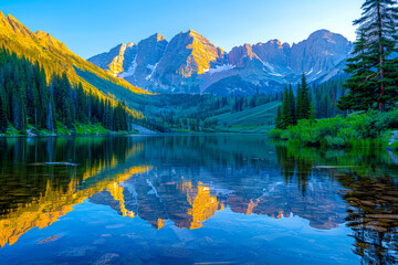 Crystalline alpine lake reflecting towering peaks. -