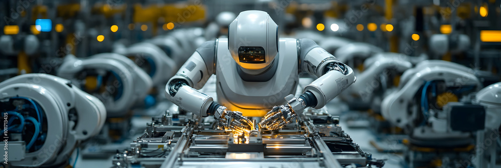 Poster robotic arm automation in a modern industrial manufacturing factory with a conveyor belt and mechani