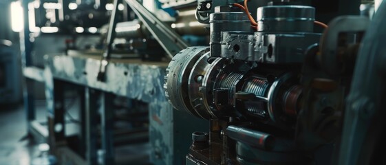 Fototapeta premium Detailed view of an industrial machine with complex gears and components, highlighting its mechanical intricacy and robust design in a workshop setting.