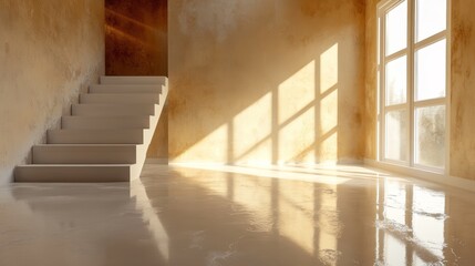 Obraz premium Empty Room with Wet Floor Being Waterproofed with Sunlight Streaming Through Windows