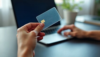 A Person's Hand Holding a Credit Card in Front of a Laptop Computer for Online Shopping Transactions