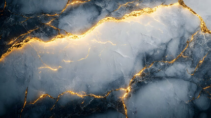 Abstract Background with Glowing Golden Veins and Gray Marble