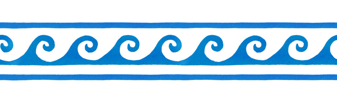 Fototapeta Greek Meander Ornament seamless border, Mediterranean, Greece . Hand drawn watercolor illustration  isolated on white background