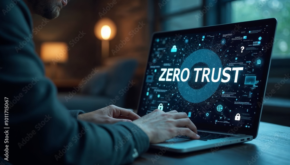 Poster hands typing on laptop displaying 'zero trust' text for cybersecurity awareness