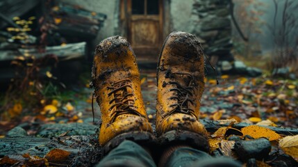 Muddy yellow boots rest on a log amidst colorful leaves by a misty old cabin, evoking a peaceful autumn scene