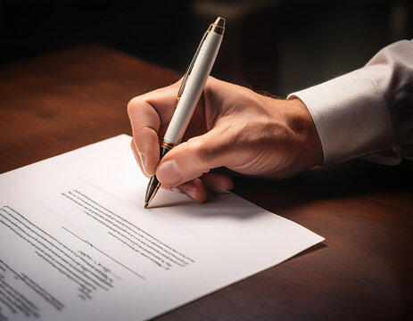 Primer plano de una mano y boligrafo escribiendo y firmando un documento