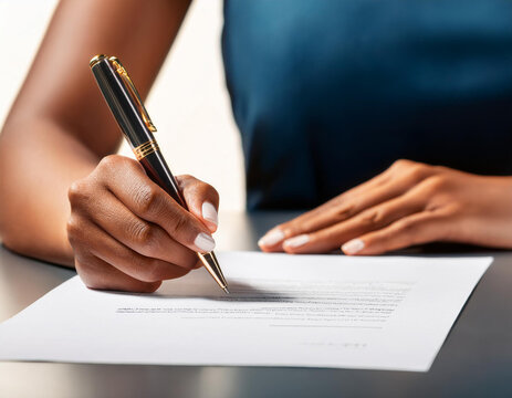Primer plano de una mano y boligrafo escribiendo y firmando un documento