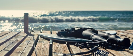 Surfer's equipment spread on a beach deck with the ocean in the background, capturing an essence of readiness and adventure awaiting with the waves.
