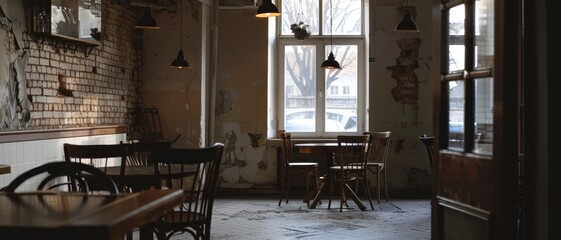 Sunlight streams into an empty, rustic cafe with exposed brick walls and vintage furnishings, adding warmth and inviting nostalgia to the quiet morning scene.