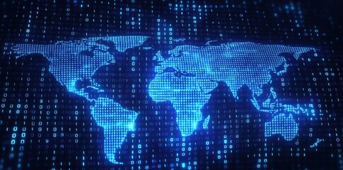Obraz premium A glowing blue digital world map with a binary code background. 