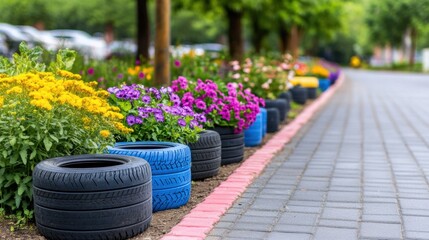 Colorful Garden with Recycled Tire Planters