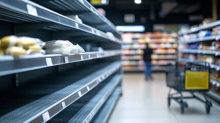 Obraz premium Amid a bustling grocery store, shelves display sparse supplies as shoppers navigate aisles, emphasizing a surge in demand for essential goods