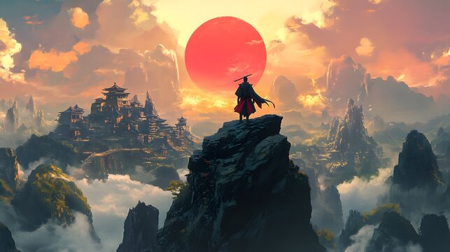 Sun Wukong standing on a high mountain peak overlooking a landscape with ancient ruins and strange creatures