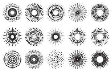 Sunburst vector icons set. Set  of vintage  sunburst on white background. Sunrise collection in black color. Bursting, light, starburst rays, or  sunrise firework design elements. Vector Illustration.