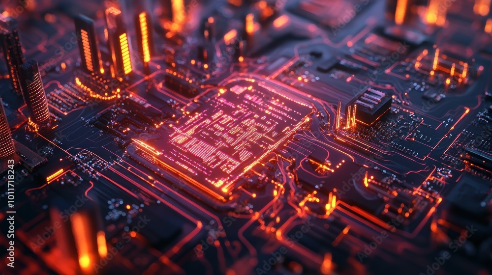 Poster a close-up view of a glowing circuit board, showcasing intricate electronic pathways.