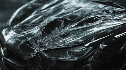 Close-up of a sleek car hood with water splashes, showcasing design and motion.