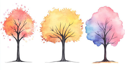 Three watercolor trees with different colored canopies.