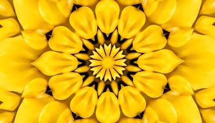 Fototapeta premium A gentle kaleidoscope design with soft, petal-like shapes in shades of yellow and gold, arranged in circular symmetry.