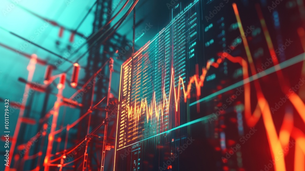 Poster abstract digital visualization of data trends and analytics in a technological environment.