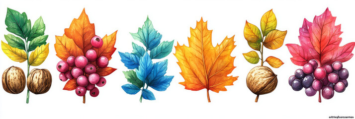 Fototapeta premium Watercolor illustration of autumn leaves and berries.