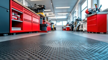 Modern Workshop with Red Cabinets and Black Flooring