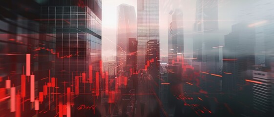 A futuristic cityscape with skyscrapers and a dynamic overlay of red stock market graphs, depicting a high-stakes financial environment.