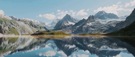 A pristine mountain range mirrored perfectly in an alpine lake, capturing raw natural beauty and a deep sense of tranquility under a clear sky.