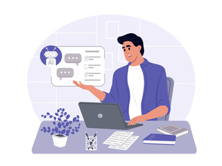 Person uses artificial intelligence to solve business problems. Search, writing and content generation using a chat bot. AI technology concept. Vector flat illustration