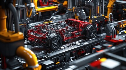 Fototapeta premium A detailed view of a car chassis in a high-tech manufacturing environment.