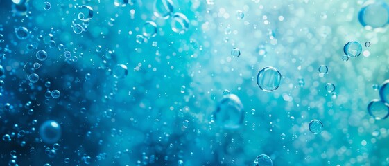 Close-up of underwater bubbles in varying sizes, floating in a turquoise environment, capturing an abstract and serene aquatic scene.