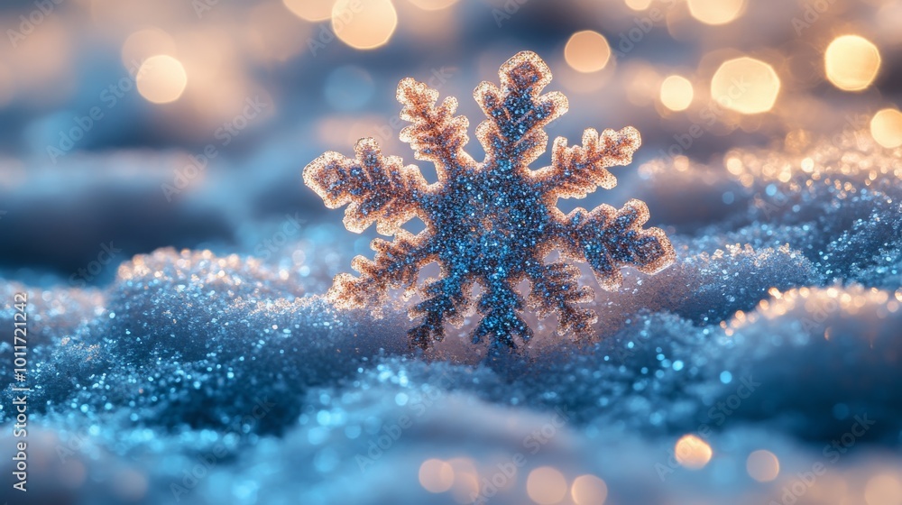 Poster intricate snowflake pattern glistening on soft snow at twilight in a winter wonderland