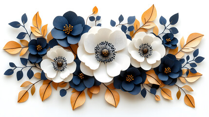 A white, navy blue, and golden floral bouquet on a white background.

