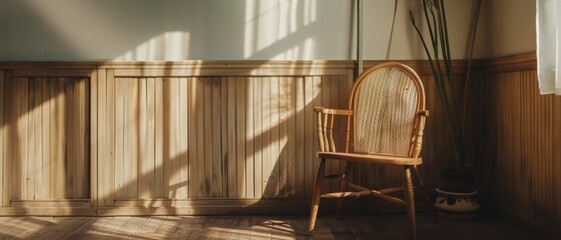 A serene room bathed in soft sunlight, featuring a wooden chair against a backdrop of wooden paneling, evoking peaceful simplicity and natural beauty.