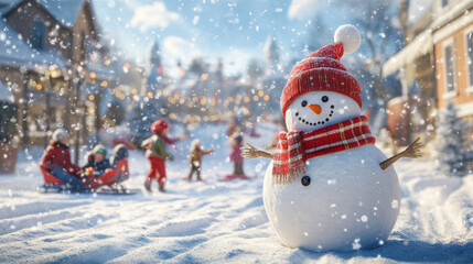 Obraz premium Festive Winter Wonderland: Building Snowmen and Sledding Adventures in a Picturesque Snowy Village Creates Unforgettable Memories Amidst Falling Snowflakes and Twinkling Lights
