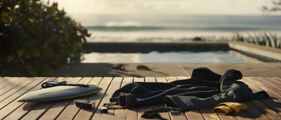 Surfing gear rests on a wooden deck by the sea, basking in the late afternoon sun, emphasizing a relaxed, beachside lifestyle.