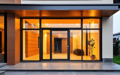 Modern entrance with large glass doors and warm lighting, showcasing a stylish interior design.