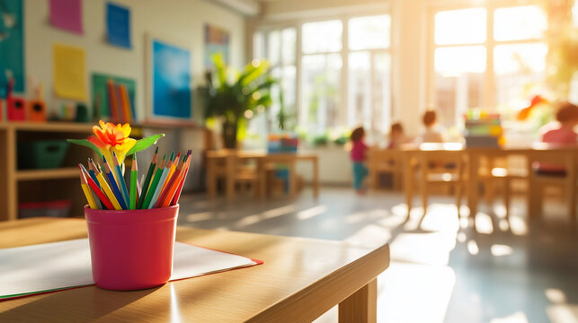 A Colorful Collection of Pencils in a Bright Classroom Setting