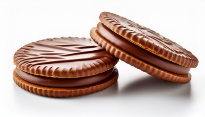 Isolated on a clean white background, making the details of the chocolate coating and the biscuit underneath stand out.