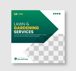 Lawn and gardening or landscaping service social media post and web banner template
