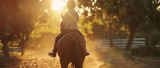 With the setting sun casting a golden glow, a child enjoys a horseback ride, symbolizing freedom, adventure, and childhood innocence.